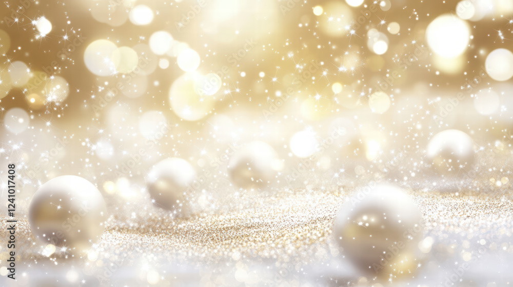 Poster dreamy scene of falling white spheres in soft blur, creating magical atmosphere with golden bokeh an