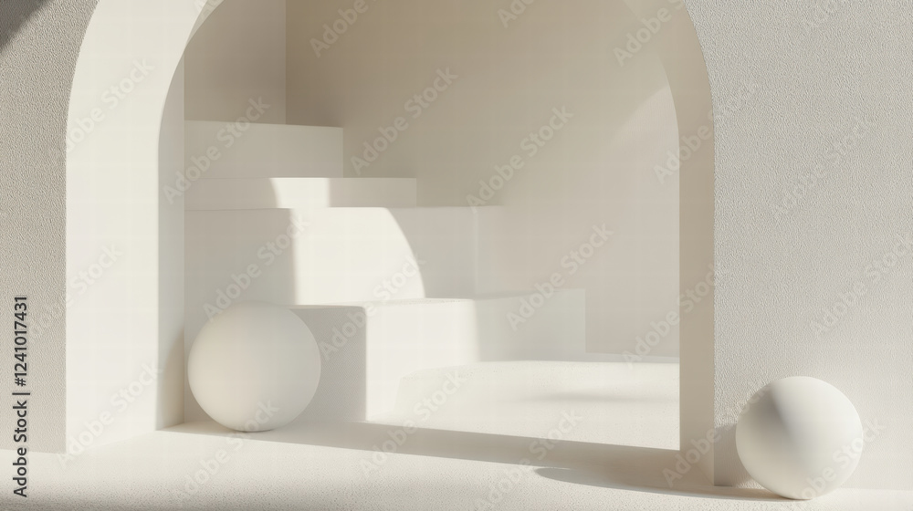 Poster minimalist design featuring soft white spheres and stairs in serene, light filled space. gentle curv