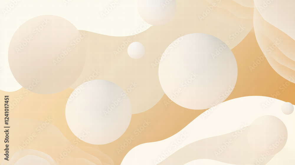 Poster minimalist design featuring soft white spheres floating on warm, abstract background. gentle curves 