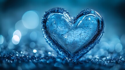 Frozen heart shape with water droplets and bokeh lights on blue winter background, macro photography with shallow depth of field for romantic mood.