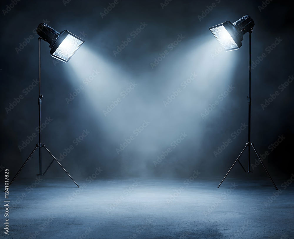Poster a photo studio background with two spotlights shining down, creating an empty space for product disp