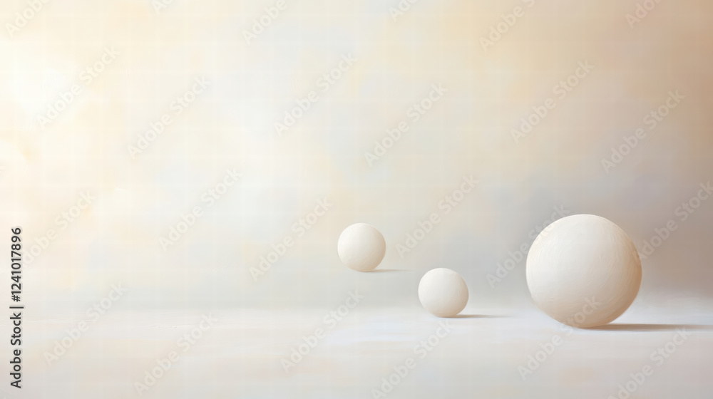 Poster serene composition of soft white spheres floating in minimalistic space, creating calming atmosphere