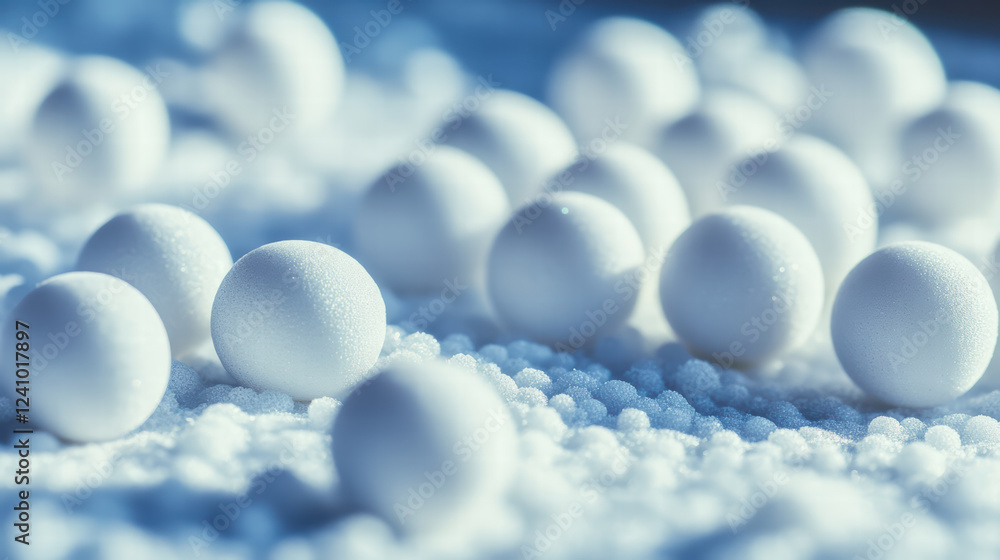 Poster serene composition of soft white spheres floating in tranquil setting, creating calming atmosphere. 