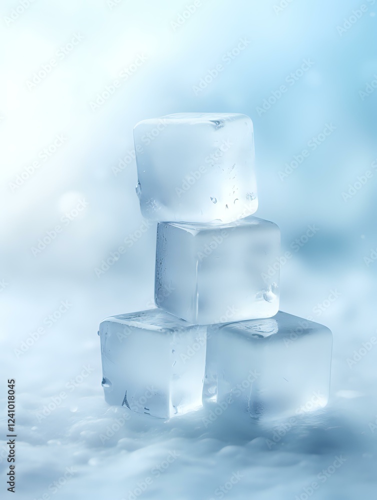 Poster stacked transparent ice cubes with water drops on light blue background with soft bokeh effect, clos