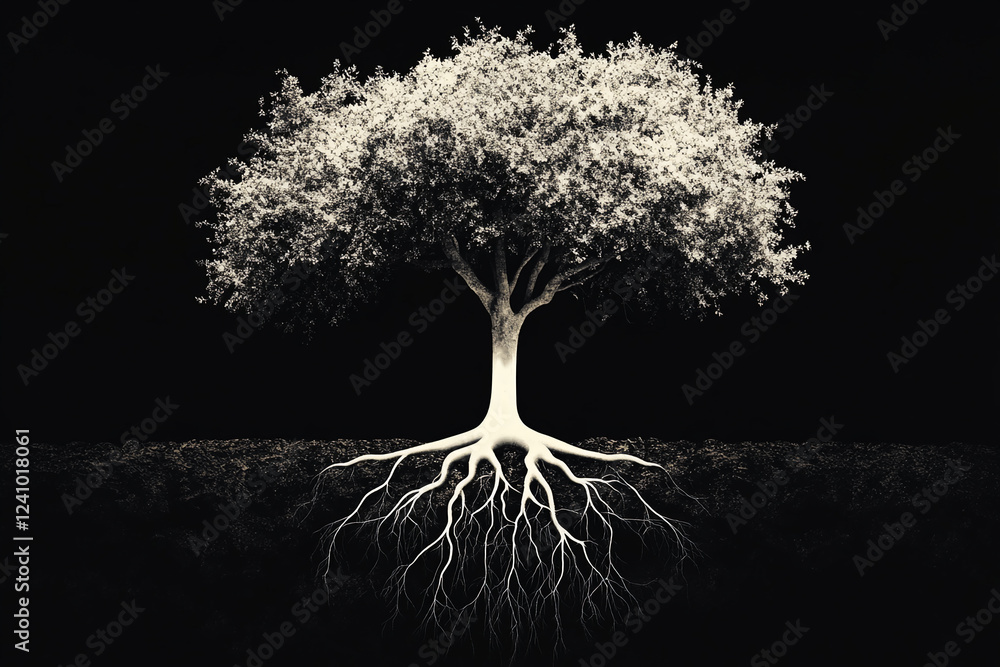 Poster a digital artwork showing a tree with its visible roots against a dark background. the image represe