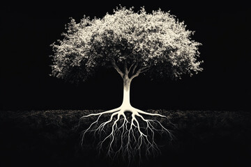 A digital artwork showing a tree with its visible roots against a dark background. The image represents growth, stability, and the connection between earth and life.