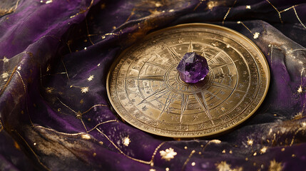 Cosmic Wellness Decor Brass Astrological Wheel with Amethyst on Celestial Fabric - Spiritual Content Creation and Holistic Interior Design