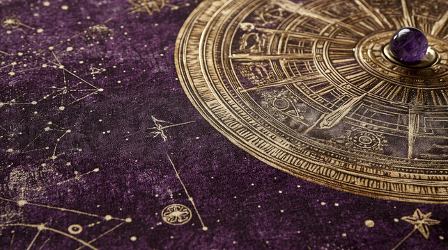 Cosmic Wellness Decor Brass Astrological Wheel with Amethyst on Celestial Fabric - Spiritual Content Creation and Holistic Interior Design