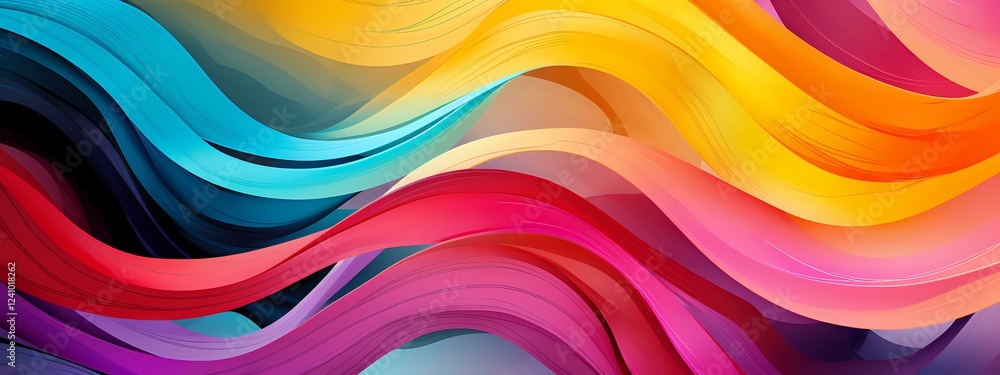 Poster vibrant multicolored waves create dynamic flowing pattern with gradient transitions between blue, ye