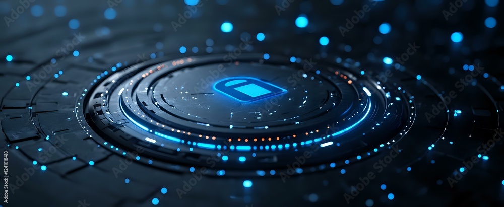 Aufkleber glowing blue padlock icon on dark digital circle interface with futuristic pattern and light effects