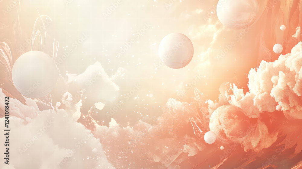 Poster tranquil scene of soft white spheres floating in dreamy atmosphere, surrounded by ethereal clouds an