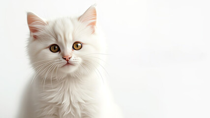 Obraz premium pet shop banner with a fluffy white cat on a white background. Perfect for advertising pet products, sale and promotions. Copyspace