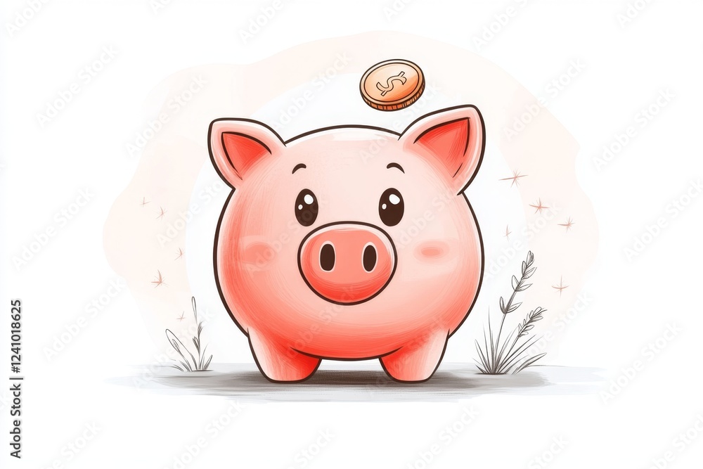 Poster a minimalist illustration of a piggy bank with a single coin dropping in, symbolizing savings and mo