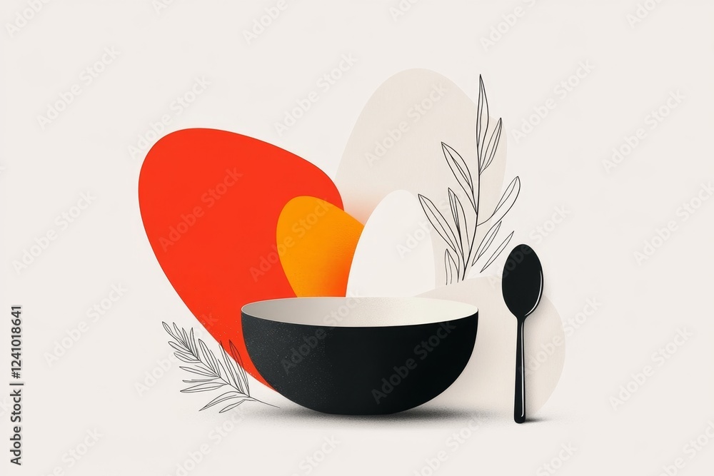Poster a minimalist illustration of an empty bowl with a single spoon resting beside it, symbolizing hunger