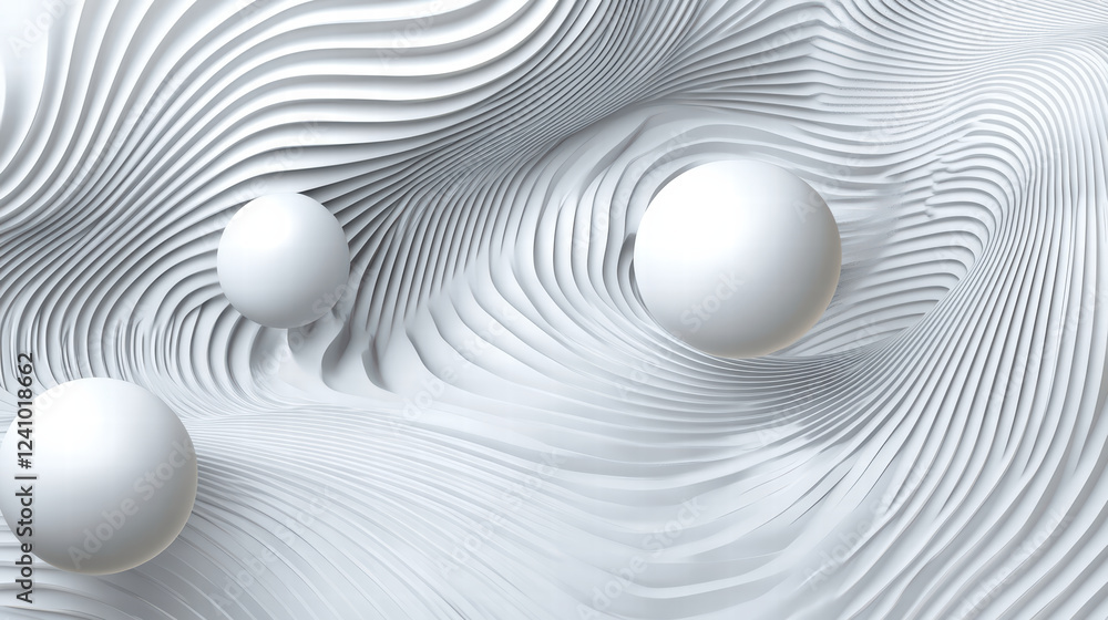 Poster abstract background featuring 3d geometric shapes, smooth waves, and spheres in minimalist design. f