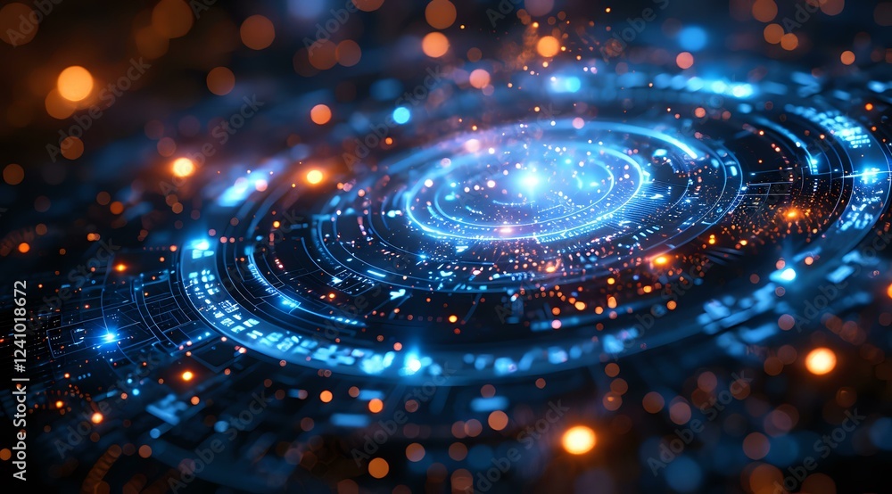 Aufkleber futuristic spiral galaxy with glowing blue and orange particles swirling in cosmic space, creating d