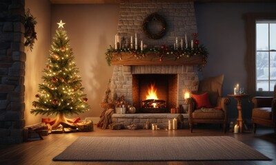 Wooden Christmas tree with a burning fireplace, festive atmosphere, winter wonderland, holiday decoration