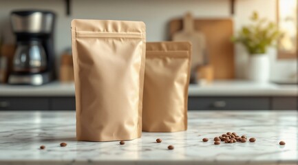 A pair of blank brown kraft pouches on a polished marble surface, illuminated by natural light, with a blurred modern kitchen in the background.