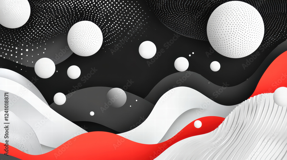 Poster abstract background featuring 3d geometric shapes, waves, and spheres in black, white, and red color