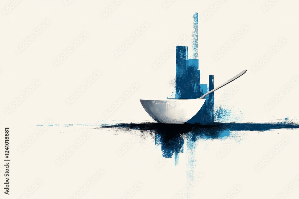 Poster a minimalist illustration of an empty bowl with a single spoon resting beside it, symbolizing hunger