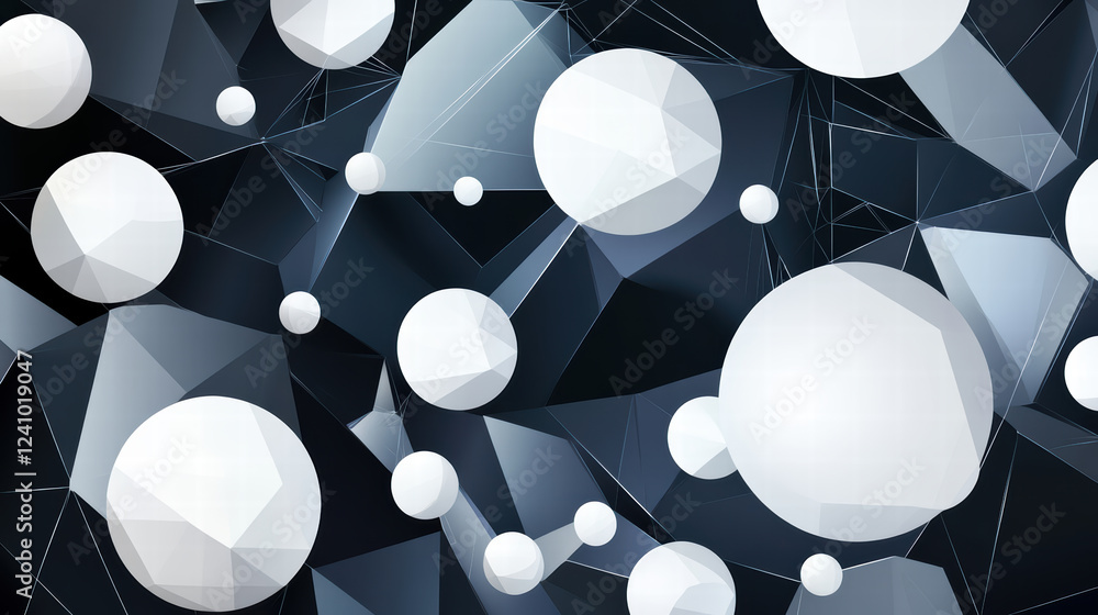 Poster abstract background featuring 3d geometric shapes, including spheres and polygons, in dark color sch