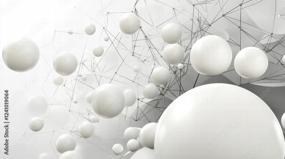 Poster abstract background featuring 3d geometric shapes, white spheres, and interconnected lines creating 