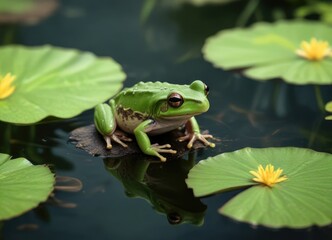 Fototapeta premium tiny green frog on a fingertip near a pond with lily pads, pond scene, outdoor nature, frog on fingertip