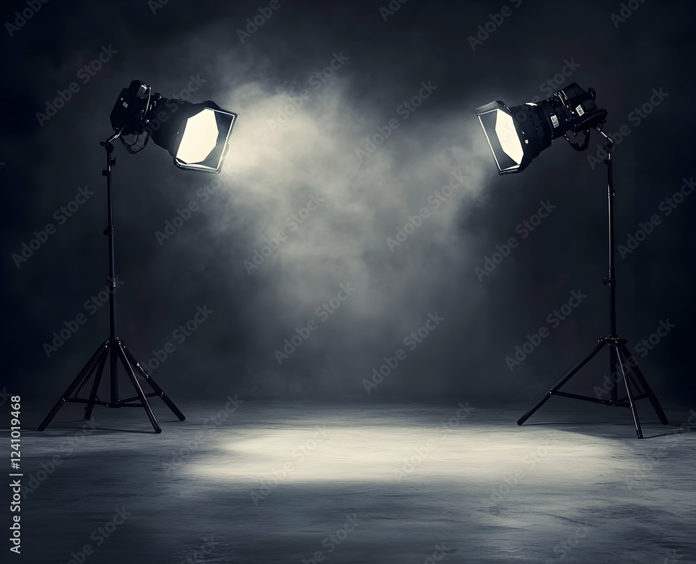 Poster a photo studio background with two spotlights shining down, creating an empty space for product disp