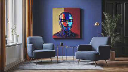 Futuristic Expression Human-Android Hybrid Portrait on Vivid Canvas for Tech Innovation and Digital Marketing - Exploring Emotional Identity in Contemporary Design