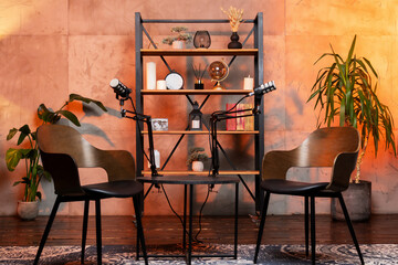 Podcast setup with microphones and chairs in a cozy room featuring a decorative bookshelf