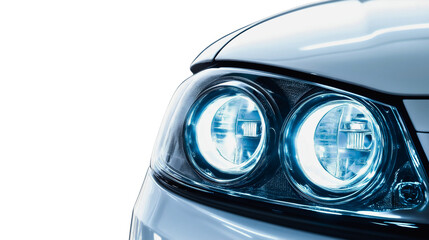 Sleek Luxury Car Close-Up with Illuminated Headlights on White Background