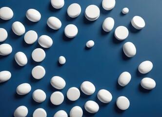 Top view of white pills spilled on blue backdrop, medical research, wellness center, healthcare system, pharmaceutical market