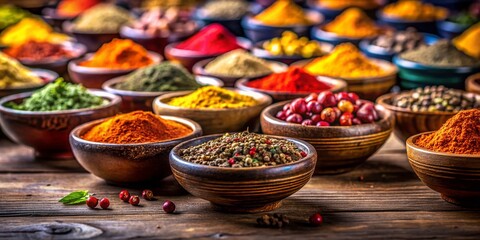 Fototapeta premium Colorful Spices in Miniature Bowls: Tilt-Shift Photography Stock Photo