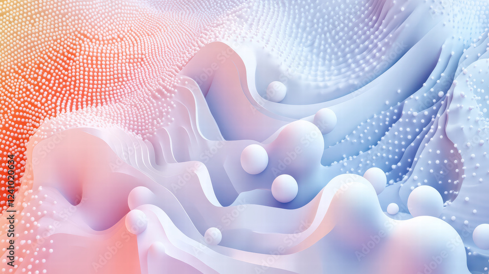 Poster abstract design with 3d geometric shapes, soft colors, and gentle curves creates serene and modern v