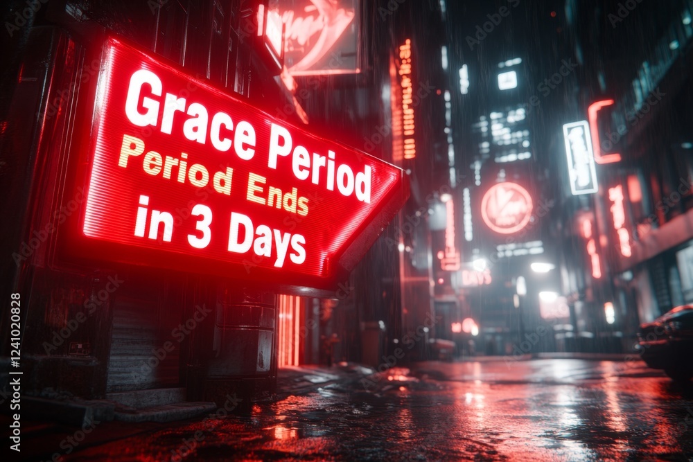 Poster a neon-lit cyberpunk financial hub with a holographic display showing a blinking message: â€œgrace p