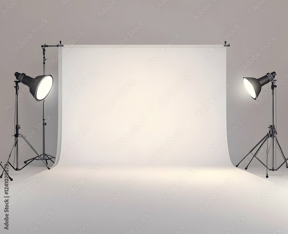 Poster a blank white background with two spotlights shining down, creating an empty scene for product displ