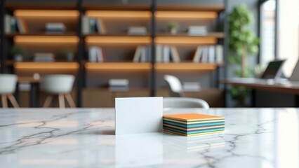 Business Card Stack Mockup, Co-working space white marble colorful business cards. Photorealistic.