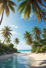 Tropical paradise with sandy beach and palm trees against clear blue sky, beach, relaxation, vacation