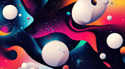 Vibrant abstract design featuring colorful swirls and floating spheres, creating dynamic and energetic visual experience. Perfect for backgrounds or artistic projects
