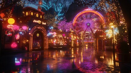 Rainy Night, Amusement Park, Festive Lights