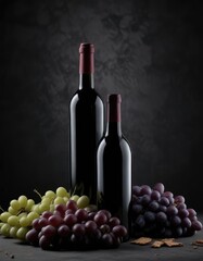 Fototapeta premium Wine bottle silhouetted against dark backdrop with grapes, wine bottle, mood, silhouette, shadow