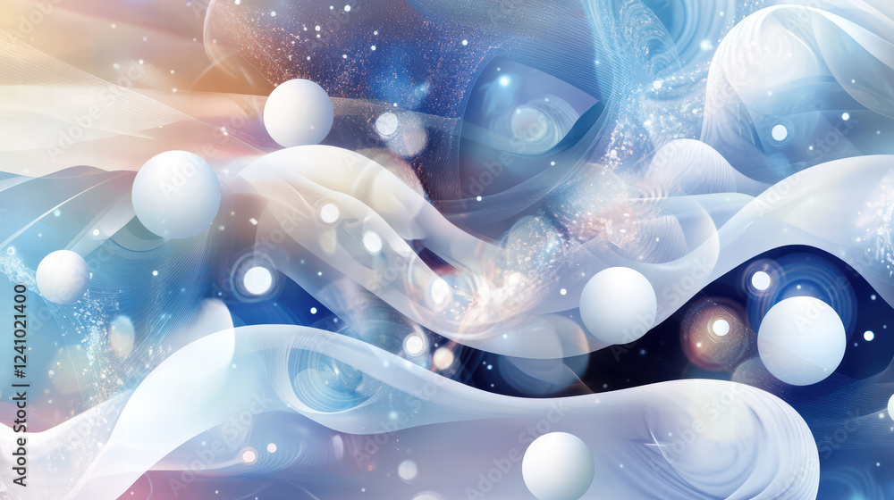 Poster serene abstract background featuring flowing waves, soft colors, and floating spheres, creating harm