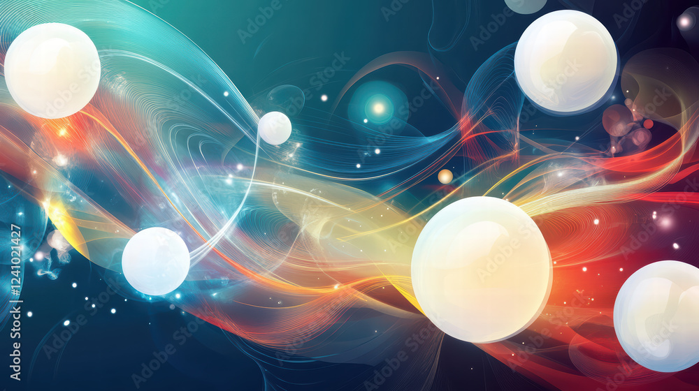 Poster vibrant abstract background featuring colorful waves and luminous spheres, creating sense of motion 