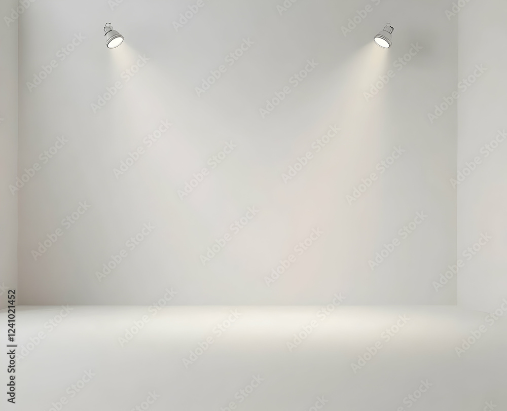 Poster a blank white background with two spotlights shining down, creating an empty scene for product displ
