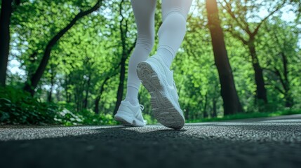Low angle view of a person walking or jogging on a paved path within a lush green forest. White athletic shoes are the focal point, with lower legs