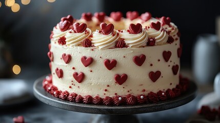 A Valentines Day cake decorated with red hearts