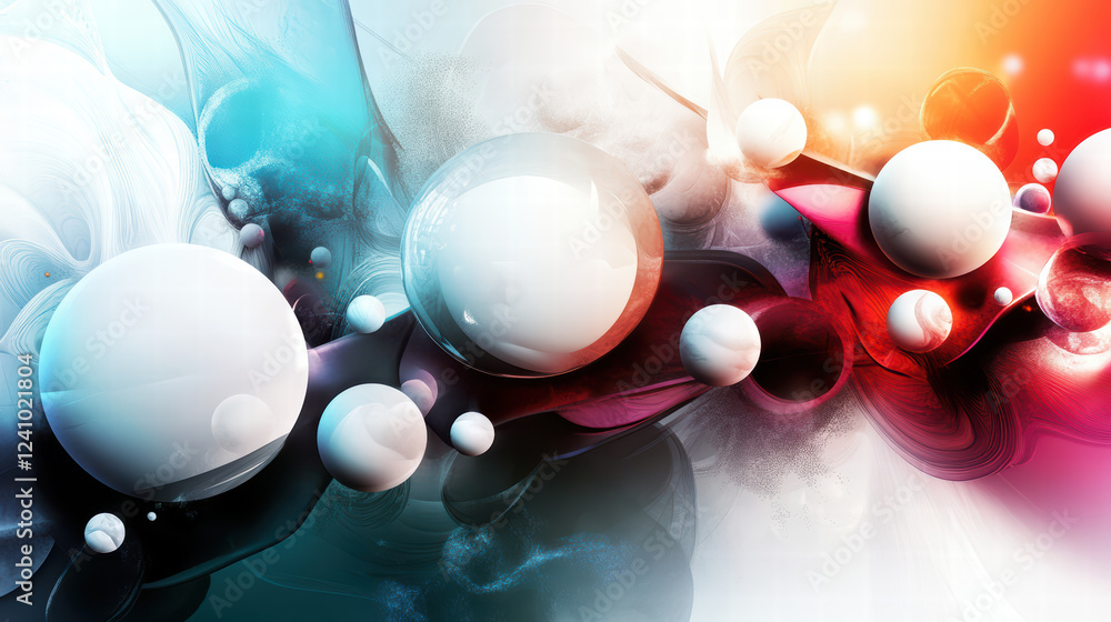 Poster vibrant abstract design featuring colorful spheres and fluid shapes, creating harmonious blend of bl