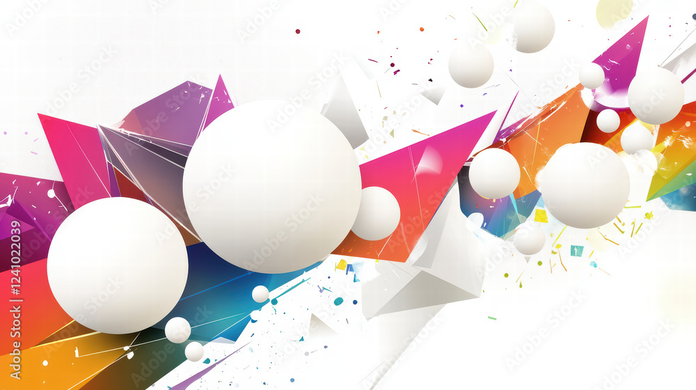Poster dynamic abstract design featuring colorful geometric shapes and spheres, creating vibrant and energe
