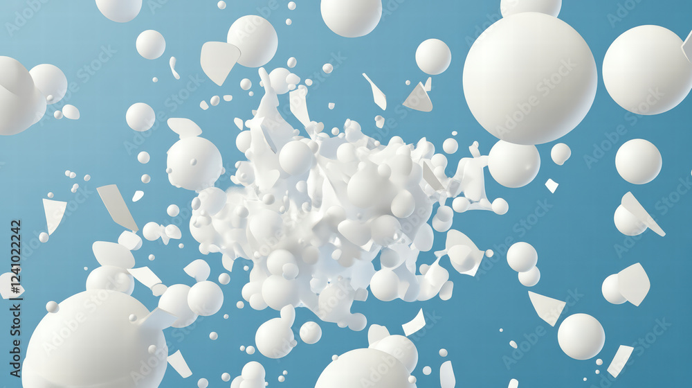 Poster floating white spheres and abstract shapes create dynamic composition against blue background, evoki