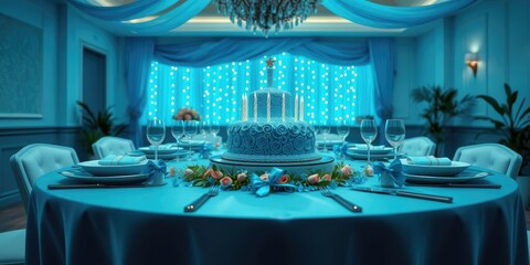 Wide-angle shot of a beautifully decorated table setting with a blue themed birthday cake as the centerpiece, table setting, celebration theme, dining decor